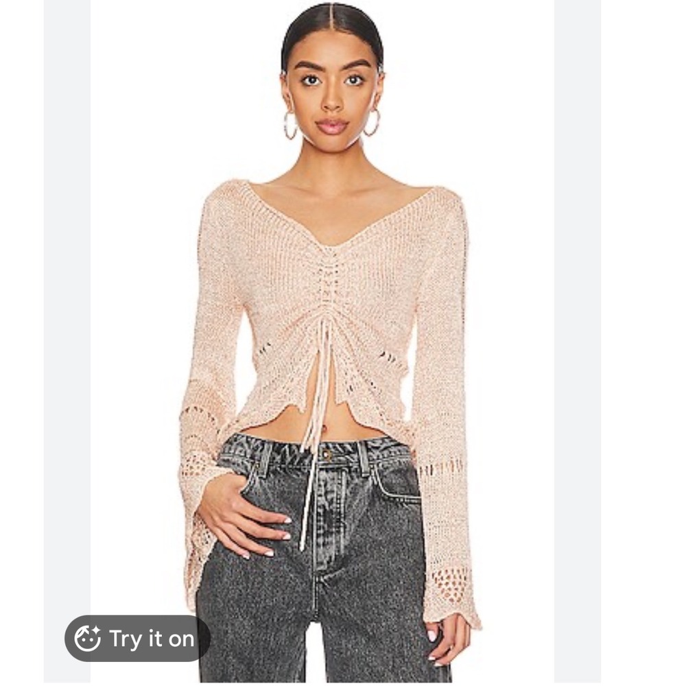 Free People Zinnia Top Pink‎ Sand Combo Crochet Metallic Ruched Bell Sleeve M